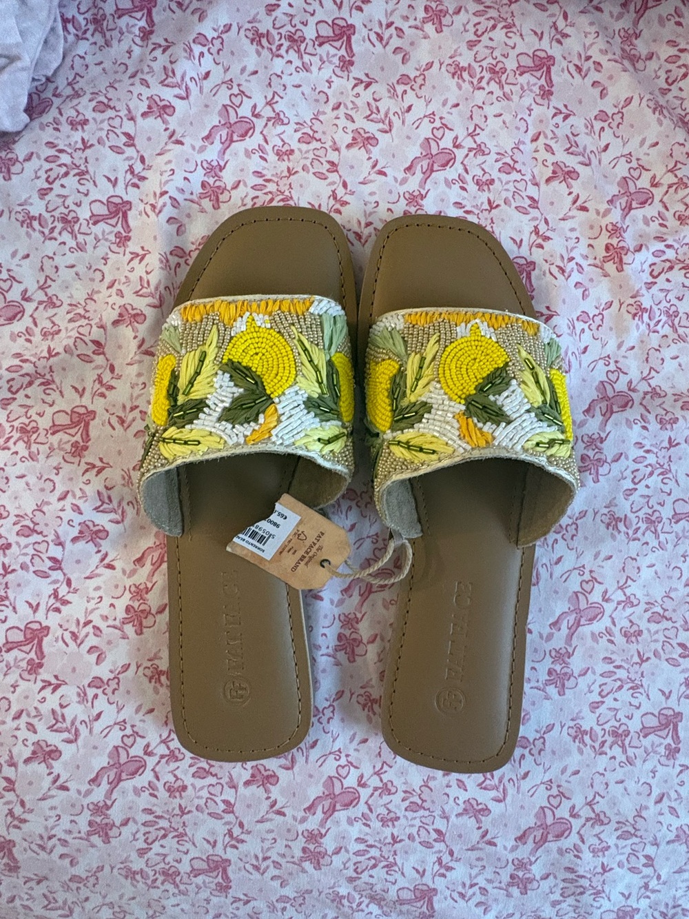 NWT FatFace Women's Beaded Lemon Designed Slide Sandals Slip On EU 39 US 8
